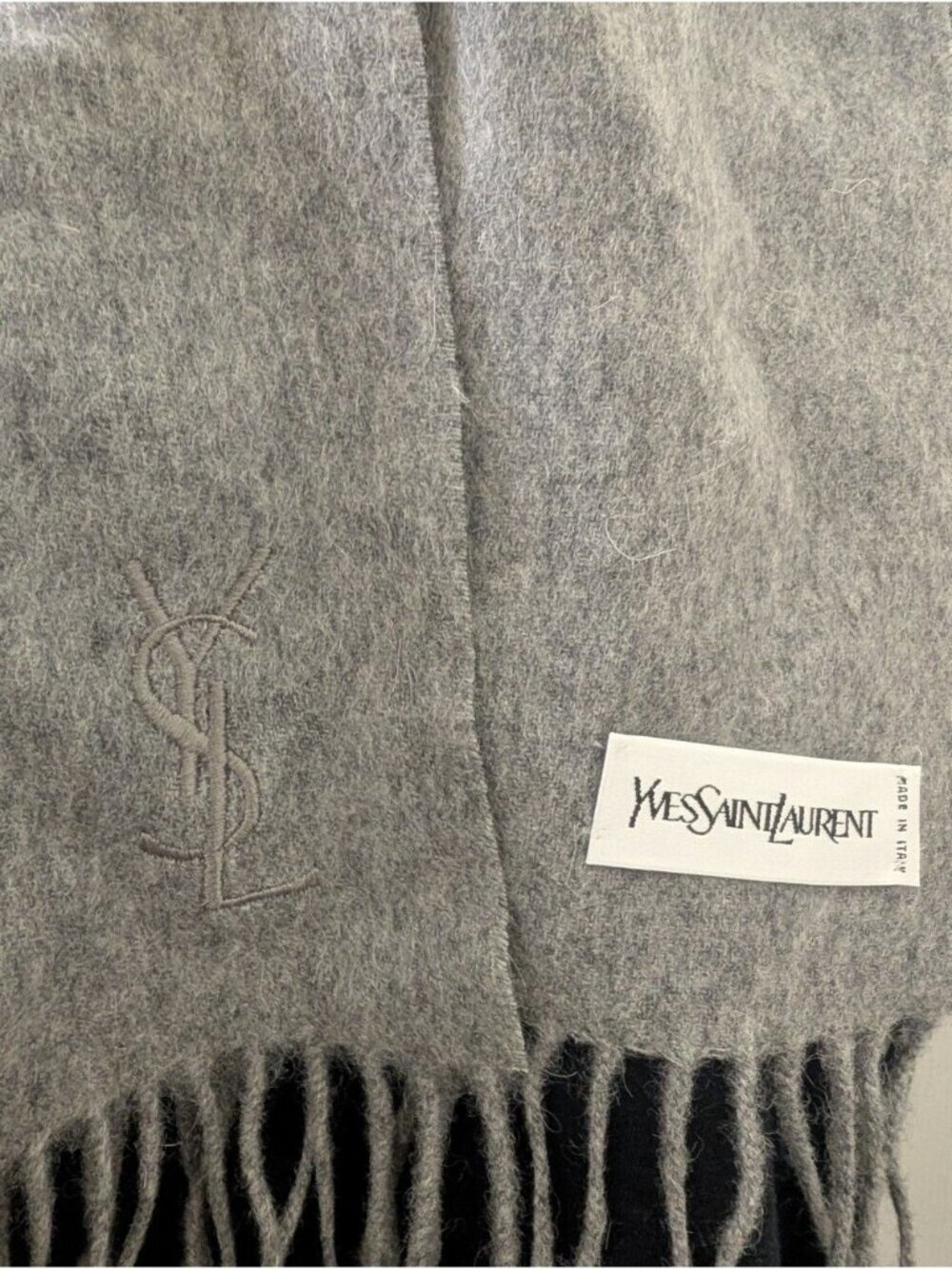 Yves Saint Laurent Grey Cashmere Wool Blend Scarf with fringe